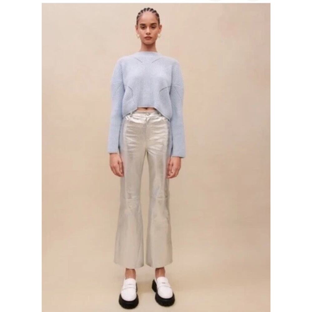 Maje Silver Pluton Leather Flared Pants Womens Size 36 Metallic Luxe